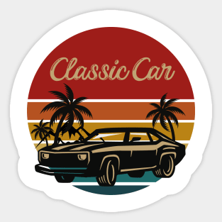 classic car retro  vintage aesthetic sunset circle with palms and mountains, gift for dad, retro designs for car lovers Sticker